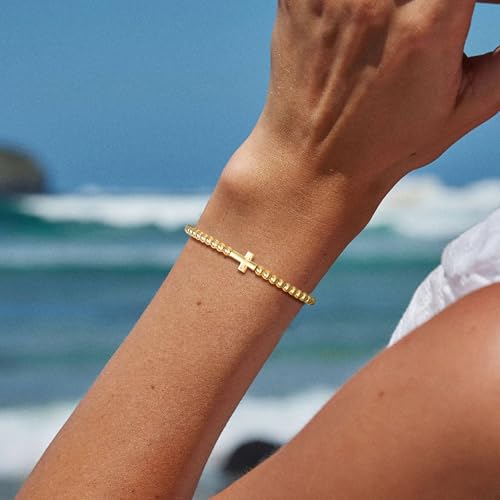 Beaded Bracelets for Women 14K Silver Gold Plated Stretch Handmade Ball Bracelets Cute Charm Bracelet Dainty Stackable Cross Heart Bow Wave CZ Circle Trendy Jewelry Easter Gifts - color: Gold-3