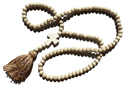 Vintage Natural Round Wooden Beads Long Sweater Chain Strand Necklace Handmade Retro Ethnic Peace Cross Star Wood Beaded Necklace Bohemia Tassel Pendant Neckalce for Women Jewelry-cross