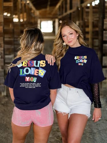 Christian Faith Shirts for Women Jesus Shirt YHWH Inspirational Bible Verse T-Shirt Religious Oversized Graphic Tee - color: Dark Blue, size: Large