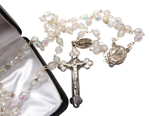 Westmon Works Girls First Holy Communion Rosary Set with Glass Beads Metal Crucifix Gift Boxed with Holy Card, Made in Italy