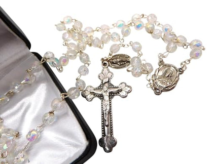 Westmon Works Girls First Holy Communion Rosary Set with Glass Beads Metal Crucifix Gift Boxed with Holy Card, Made in Italy