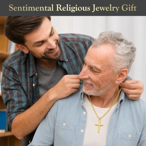 Sterling Silver Beveled Edge Cross Necklace for Men Women, S925 Cross Pendant with 5mm Cuban Chain, Non Tarnish Durable Stainless Steel Necklace, Silver Religious Jewelry, 16-30 Inch - color: Gold Cross Necklace, size: 22 in=56 cm