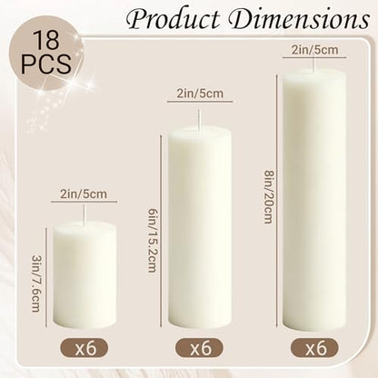 18-Pack Ivory White Pillar Candles Bulk Set, 2 x 3/6/8 Inch 3 Size - size: 2 x 3/6/8 Inch
