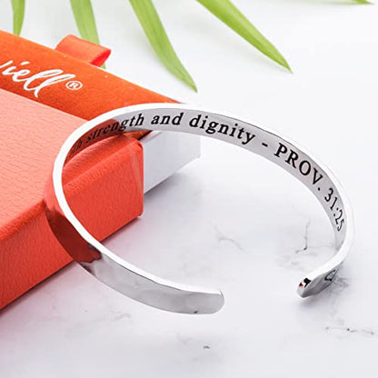 Carviell Bracelets for Women – 100+ Meaningful Engraved Messages – Solid 316L Surgical Stainless Steel Cuff Bracelet – Gift Ready - color: CHRISTIAN GIFT - She is clothed with strength and dignity