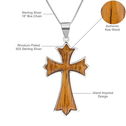 Sterling Silver Koa Wood Inlay Cross Crucifix Necklace Pendant with 18" Box Chain, Nickel Free Hypoallergenic for Sensitive Skin, Gift Box Included - color: Trinity Cross