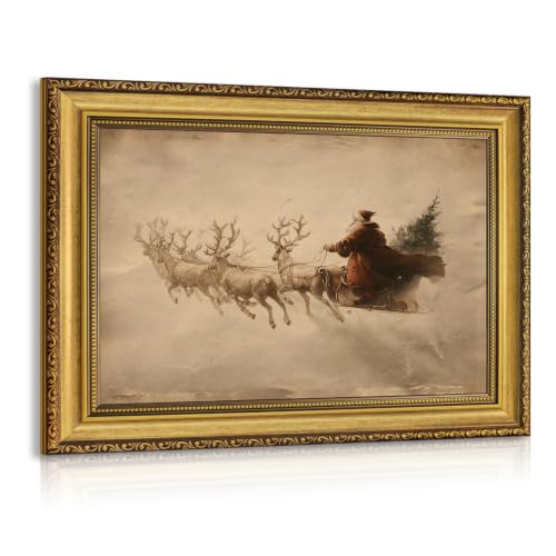 OPFDE Wood Framed Vintage Winter Santa Reindeer Christmas Wall Art 8x10 In - color: Reindeer, size: 10"L x 8"W