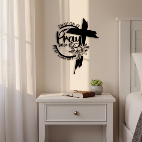 Anqililich bible Iron Christian Metal Cross Wall Decor crossArt - with Sacred Flower & Cross, Farmhouse Religious Wall Sculpture for Living Room, Patio, Office, Home Decor (black b) - color: Black B
