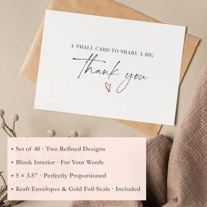 Thank You Cards with Envelopes Bulk Pack of 40 - Script Fonts Design - color: Red - Script