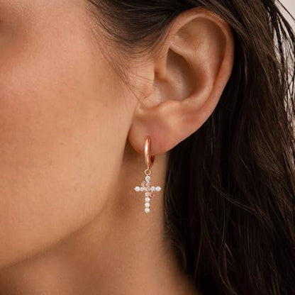 Robaice 14K Gold Plated Crown Cross Huggie Hoop Earrings for Women - color: Rose Gold
