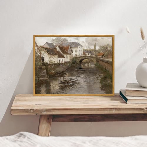 KBKBART Canvas Wall Art Framed Riverside Small Town Artwork Print 12x16inch - color: European Village, size: 16"L x 12"W