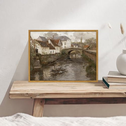 KBKBART Canvas Wall Art Framed Riverside Small Town Artwork Print 12x16inch - color: European Village, size: 16"L x 12"W