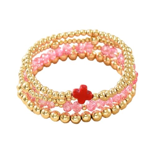 Colorful Cross Charm Bracelets for Women Men Adjustable Gold Plated Beaded Bracelet Boho Bead Ball Stretch Bracelet Birthday Summer Beach Jewelry - color: Red B