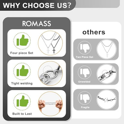 Romass 4Pcs Cross Necklace for Men Teen Boys,Stainless Steel Chains for Men Layered Necklaces Silver Gold Black Pendant Jewelry Box Gifts 18-24 Inches - size: Chain-22in/Necklace-24in, style: 4Pcs 1.2"* 0.7"pendant-Silver+Black