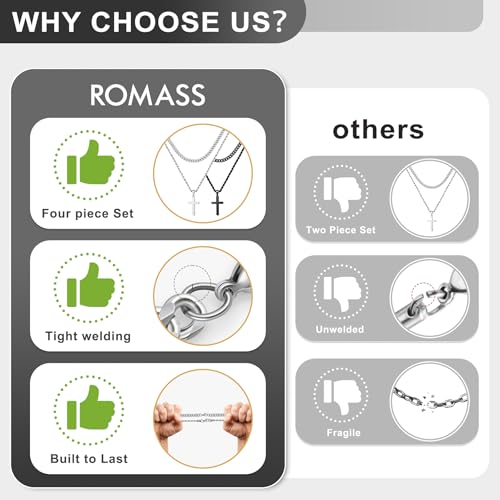 Romass 4Pcs Cross Necklace for Men Teen Boys,Stainless Steel Chains for Men Layered Necklaces Silver Gold Black Pendant Jewelry Box Gifts 18-24 Inches - size: Chain-18in/Necklace-20in, style: 4Pcs 1.2"* 0.7"pendant-Silver+Black