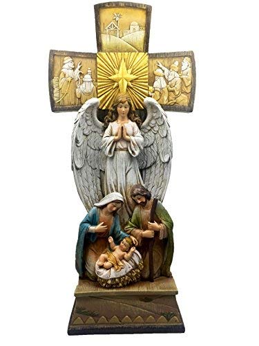 Christian Brands Beautiful Christmas 14" H Tabletop Nativity Cross. One Piece Nativity Set with Figures of The Holy Family and and Holy Spirit Angel and Detailed Carvings of Three Kings, Shepherds