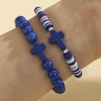 XAM 2Pcs Colorful Handmade Clay Stone Cross Beaded Bracelet for Men Women Inspirational Cross Faith Bracelet for Christian Easter Thanksgiving Christmas Birthday Gifts Jewelry - color: Blue