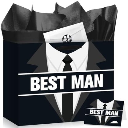 Best Man Gift Bag Set for Men, Groomsmen Gift Proposal Bag with Tissue Paper Card Envelope Sticker for Wedding Groomsman Proposal, Bachelor Party, Groom Squad Invitation, Rehearsal Dinner Thank You Gifts