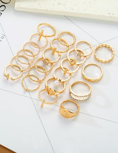 Gold Stackable Rings Set for Women, Gold Plated Chunky Crystal Finger Rings - color: Gold Heart