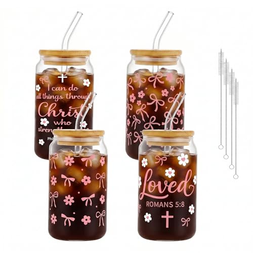 Glass Cups with Lids and Straws, 4Pack, 16oz, Pink Bow Pink - color: Christian Pink Ribbon