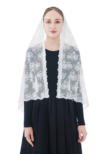 Wgior Catholic Chapel Veil – Floral Mantilla Head Covering for Church, Prayer, and Modesty – Soft Rectangular Shawl - color: White