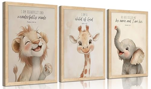 3Pcs Nursery Christian Bible Verses Safari Animals Wall Art Child of God Cute Animals Picture Wall Decor Lion Giraffe Elephant Poster Print Artwork for Kids Boys Girls Room Home Decoration Unframed - color: Poster, size: 24L" x 16W"