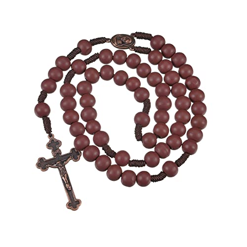 10mm Brown Beads Catholic Rosary Handmade Braided Rosaries with Curcifix Cross and Holy Mary Medal Amulet Rosary Beads Necklace for Women Men - color: Reddish