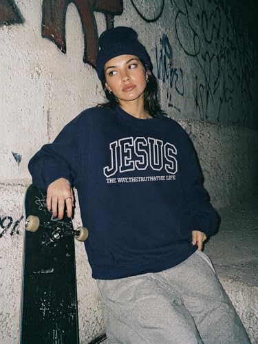 Christian Sweatshirts for Women Jesus Fleece Oversized Pullover Faith God Tops Crewneck Y2K Longsleeve - color: 5-navy, size: Small
