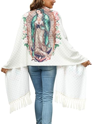 Vackutliv Virgen De Guadalupe Shawls For Women Rebozo Para Mujer Mexicanos Virgin Mary Catholic Gifts Rose - color: Beige Back
