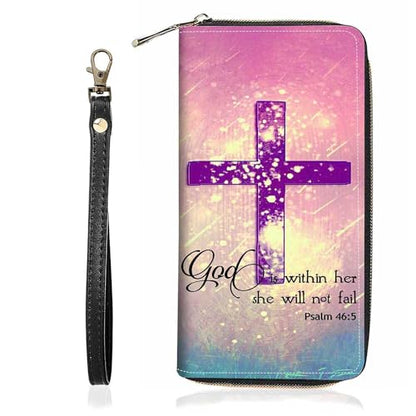 Christian Cross Bible Verse Psalm 46:5 Print Wallet for Women Large Capacity Wallet Credit Card Holder PU Leather Zipper Clutch Purse Phone Wallet - color: Christian Cross Bible Verse Psalm 46:5