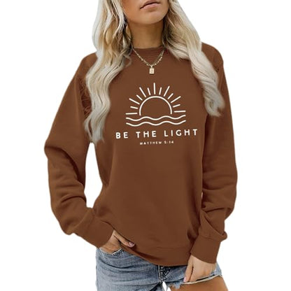 Sulayesh Christian Be The Light Sweatshirts for Women Religious Faith Jesus Bible Verse Graphic Shirts Loose Pullover Tops - color: Brown, size: X-Large