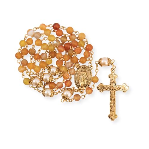 Nazareth Store Catholic Rosary Necklace Matte Stone Beads Green Pearl Round Beads Miraculous Medal & Cross - Velvet Bag - color: Yellow