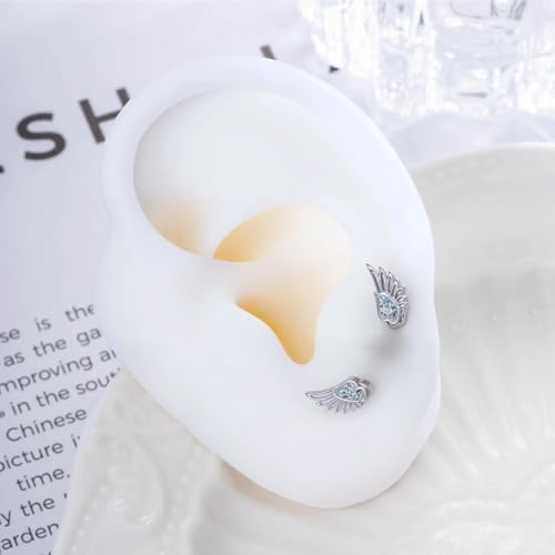 Angel Wing Earrings for Women Statement Flat Back Cartilage Stud Earrings Trendy Angel Wing Helix Piercing Stud Silver Cubic Zirconia Earring Jewelry Accessories - color: Blue