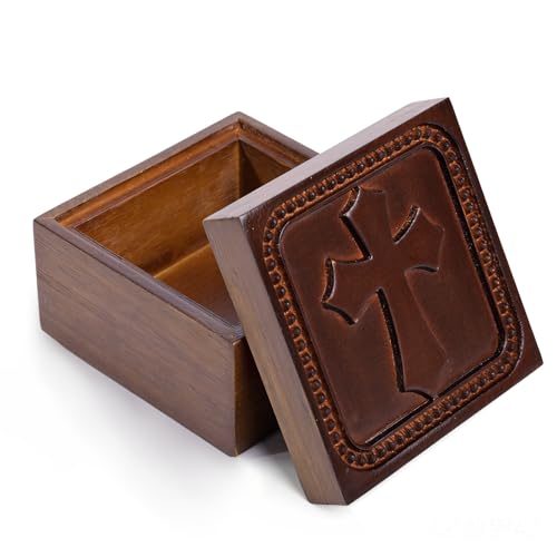 Wooden Cross Prayer Keepsake Box of Christian, Rosary Box for Religious Jewelry, Hand-Carved Catholic Rosary Holder Boxes Gifts for Women & Men, Baptism Communion Memorial Sympathy Gifts, No Card