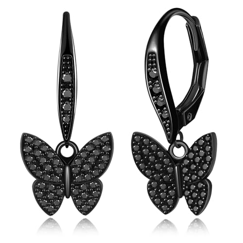 14K Gold Earring Cross Waterdrop Butterfly Heart Knot Earrings for Women Gold Silver Cross Leverback Drop Gold Silver Teardrop Hoop Dangle Earring White Gold Dangle Drop Earring - color: Black-CZ Butterfly Leverback Earring