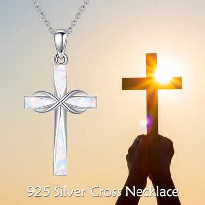 ONEFINITY Cross Necklace 925 Sterling Silver Cross Pendant Religious Jewelry Gifts - style: white opal