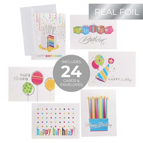Masterpiece Silver Foil Colorful Happy Birthday Cards / 24 Birthday Cards With White Envelopes In Storage Box / Shiny Silver Foil Card Design Accents / 4 5/8" x 6 1/4" Folded Greeting Cards With Inside Verses / 6 Festive Modern Designs - color: Silver Foi