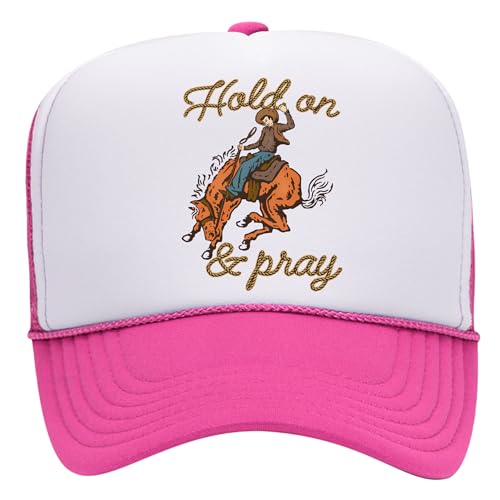 Hold On & Pray Trucker Hat | Christian Jesus God Blessed Faith Cowboy | Premium Snapback Hat for Men & Women - color: Hot Pink/White