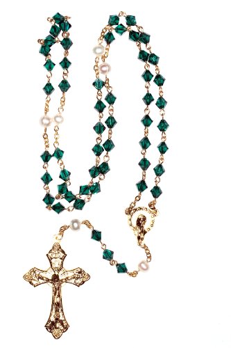 Catholic Prayer Rosary Created with Swarovski® Crystals-Glass-Silver-Gold - color: Emerald - May - GOLD