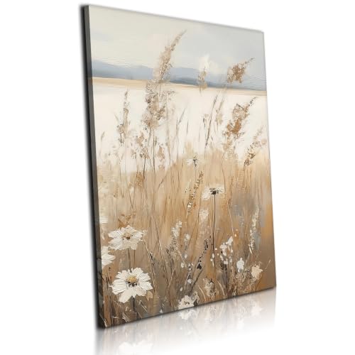 Neutral Beige Wildflower Meadow Wall Art Gallery Wrapped Canvas Prints Vintage Daisy Reeds Landscape Picture Poster for Living Room Bedroom Cozy Farmhouse Artwork Wall Decor Home Gallery Decoration 12x16 Inch - color: Gold; White, size: 12x16 Inch