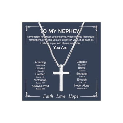 Small Cross Necklace for Boys Baptism Christmas Confirmation Valentines Easter Birthday Gifts to Teens Son Grandson Nephew - color: silver, style: Nephew-1