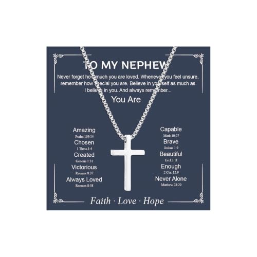 Small Cross Necklace for Boys Baptism Christmas Confirmation Valentines Easter Birthday Gifts to Teens Son Grandson Nephew - color: silver, style: Nephew-1