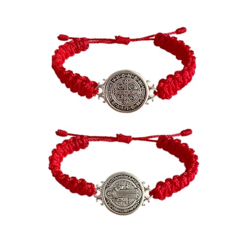 2 Pcs Red ST Benedict Bracelets Catholic Rosary Gifts Black Saint Benedict Bracelet Adjustable Blue String Medalla De San Benito Religious Gifts For Men Women - color: Red