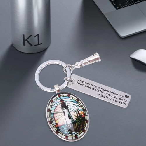 3D Glass Lighthouse Keychain with Bible Verses,Christian Gifts for Women Faith - color: Psalm119:105
