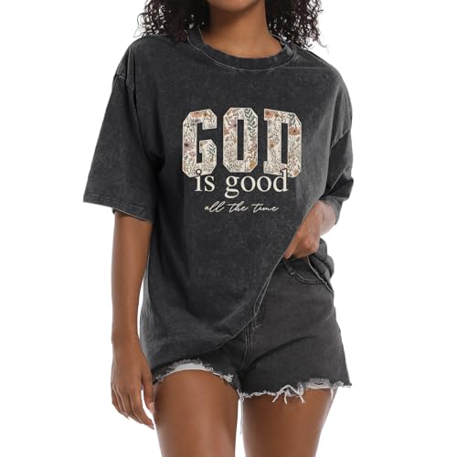 Christian God is Good Shirts for Women Jesus Faith Religious T Shirts Floral Graphic Oversized Acid Washed Tee Tops - color: Black, size: Large