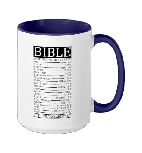 Bible Emergency Hotline Numbers | Christian Ceramic Mug, Dark Blue/White, 15oz - color: Dark Blue/White, size: 15 Ounces