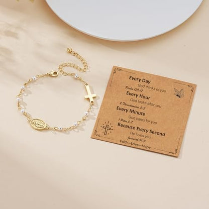 Gnamy Catholic Gifts for Teens Women, Virgin Mary Rosary Beads Cross Bracelet Religious Jewelry First Communion Confirmation Easter Basket Stuffers Teen Gifts Trendy Stuff for Daughter Gold