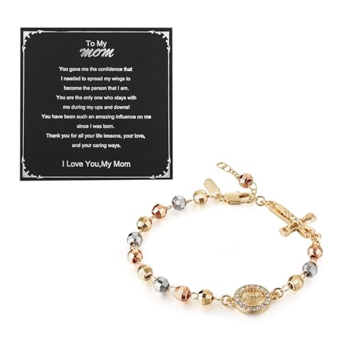 HZMAN Brass Virgin Mary Cross Rosary Bead Bracelet for Women - color: To My Mom