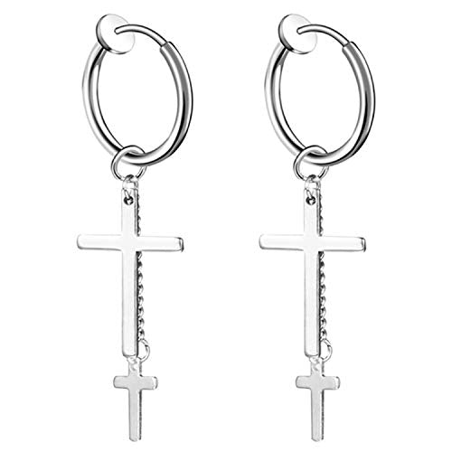 Cupimatch 3-6 Pairs Stainless Steel Cross Dangle Huggie Hinged Hoop Earrings for Men Women (1 Pair Silver Cross) for Mother's Day - color: gothic-cross-silver