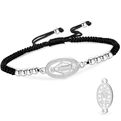 VASSAGO Virgin Mary Bracelet for Women Men Double-Sided Virgen de Guadalupe Rosary Bracelet Medal Handmade Braided Rope Catholic Christian Religious Jewelry Gift - color: silver-black string