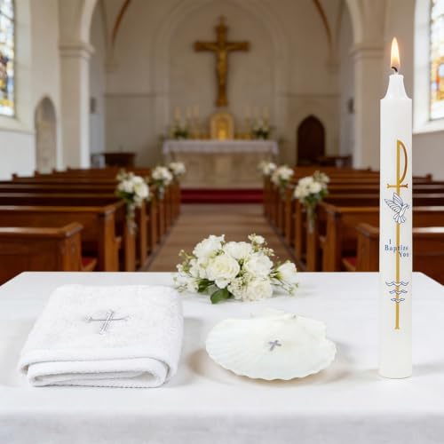 Baptism Candle Set for Boy Girls - Baptism Kit Include Baptismal Candles, Towel and Shell. Vela para Bautizo, Christening Set Velas para Bautizo De Niño Baptismal Kit Gifts (Silver) - color: Silver